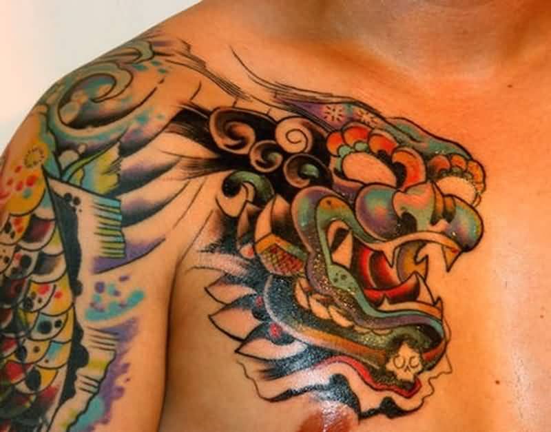 Chinese Angry Foo Dog Tattoo On Shoulder