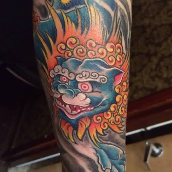 Chinese Blue Color Foo Dog Tattoo On Half Sleeve