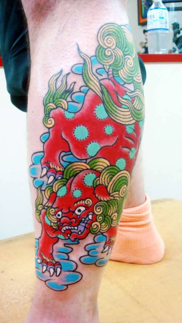 Chinese Foo Dog Tattoo On Leg