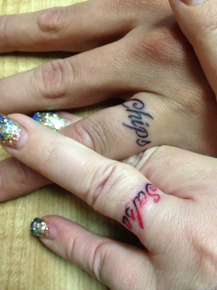 Chips And Salad Words Matching Couple Tattoos On Fingers
