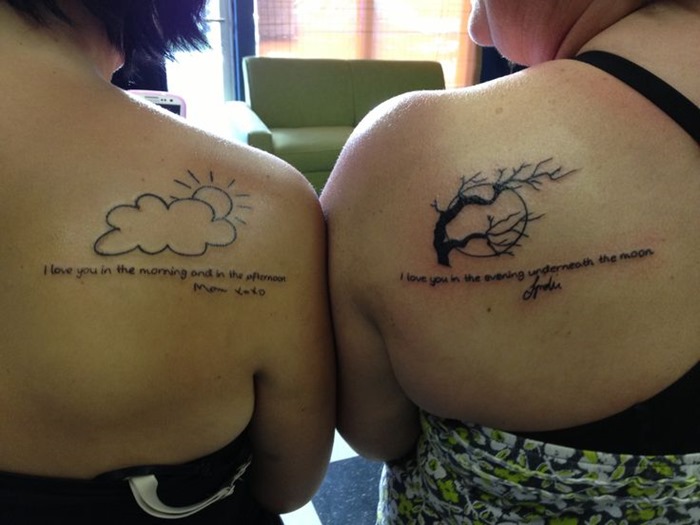 Cloud And Sun With Tree And Sun Lettering Matching Tattoos On Shoulder