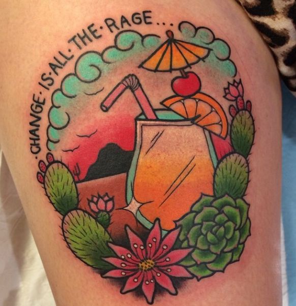 Cocktail And Cactus With Flowers And Clouds Tattoo By Clar Hampshire