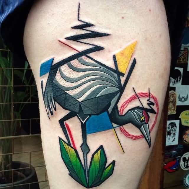 Color Abstract Crane Tattoo On Side Thigh