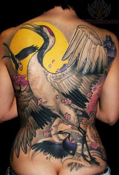 Colored Crane Tattoo On Full Back