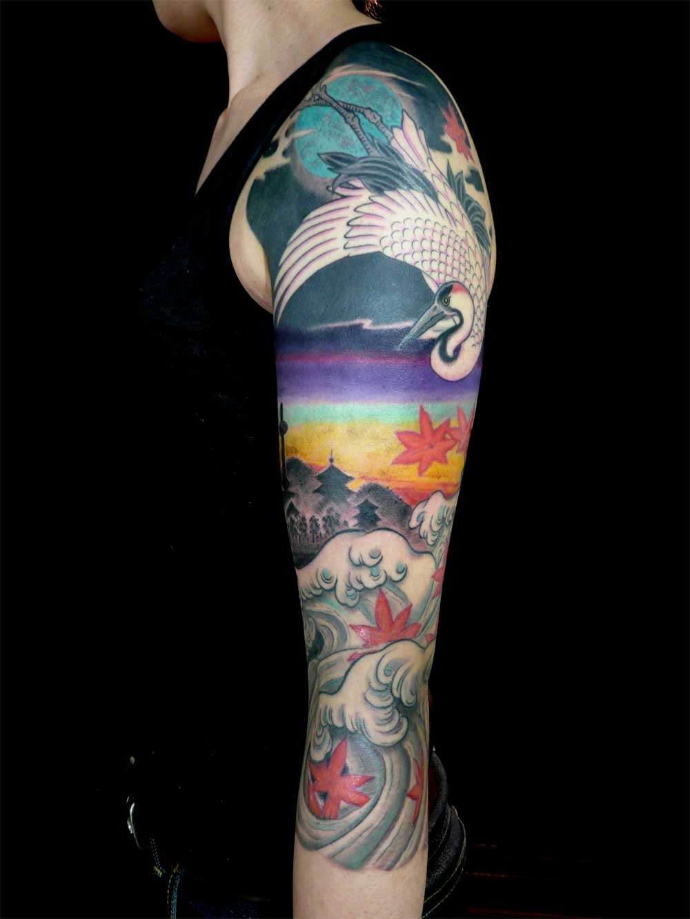 Colored Crane Tattoo On Left Sleeve