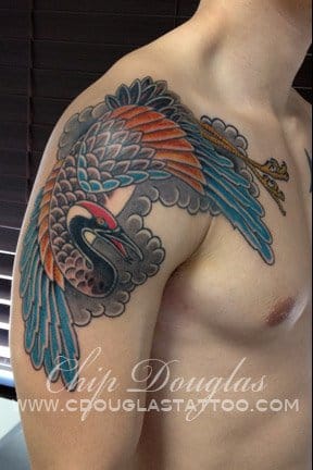 Colored Crane Tattoo On Right Shoulder