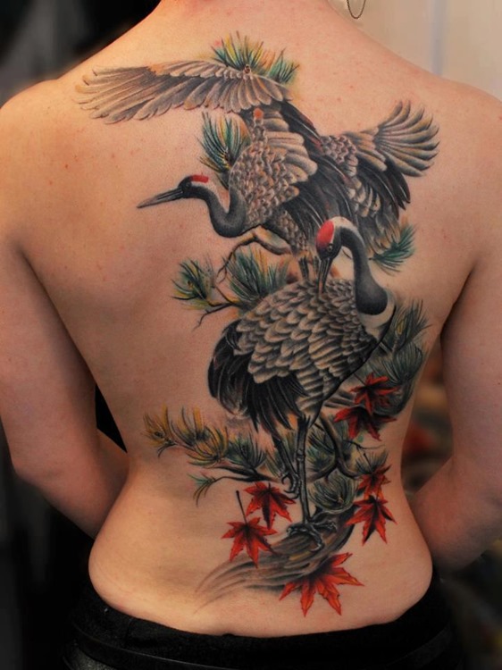 Colored Crane Tattoos On Full Back