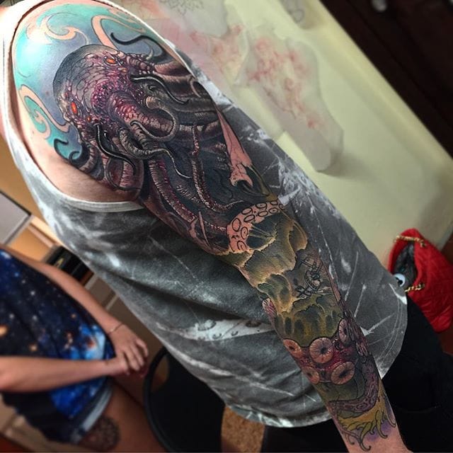 Colored Cthulhu Tattoo On Full Sleeve by Hector Cedillo