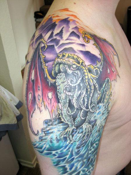 Colored Cthulhu Tattoo On Man Right Shoulder