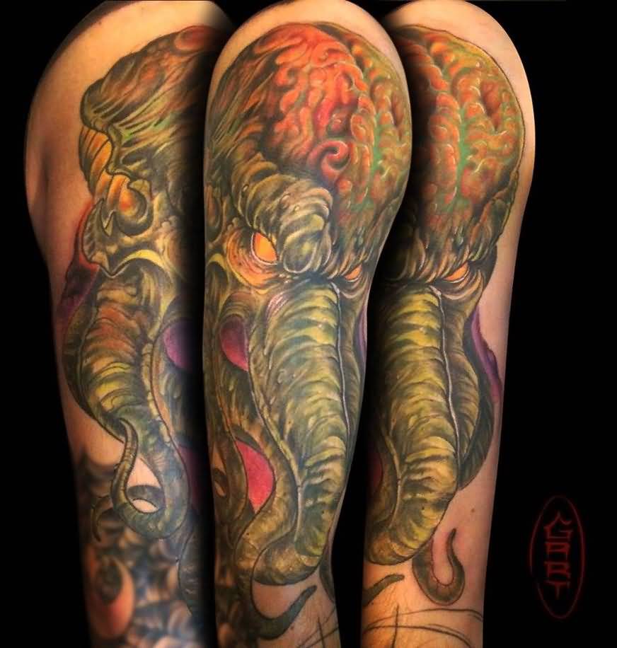 Colored Cthulhu Tattoo On Sleeve by Abrahamgart.