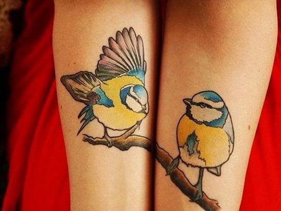 Colorful Birds On Branch Matching Tattoos On Forearm