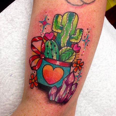 Colorful Cactus In Pot And Crystals With Ribbon Tattoo