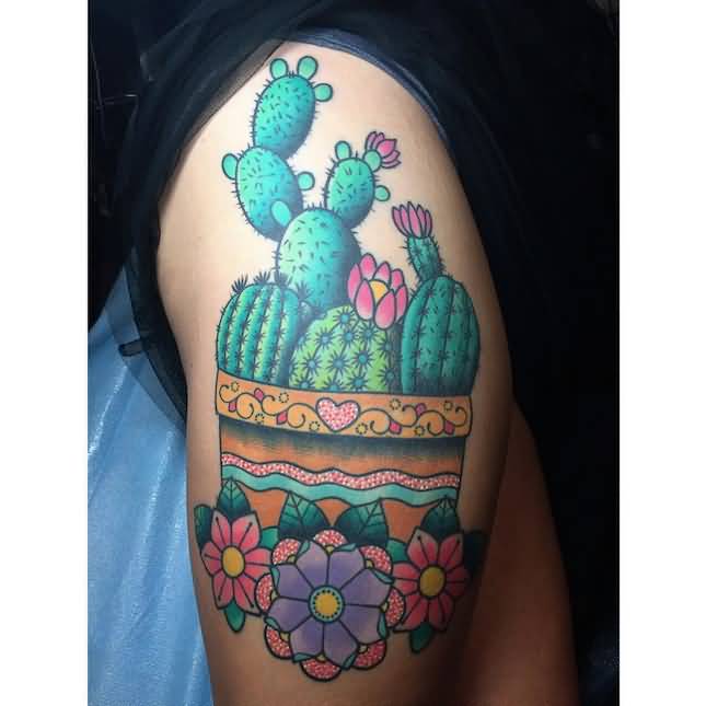 Colorful Cactus Plants In Pot Traditional Tattoo By Alex Strangler