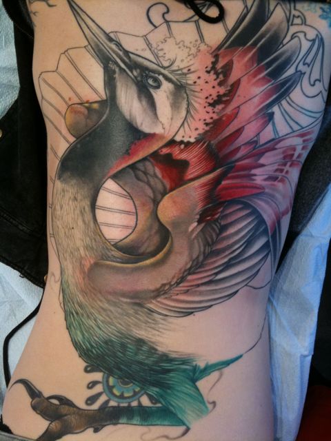 Colorful Crane Tattoo On Side Rib