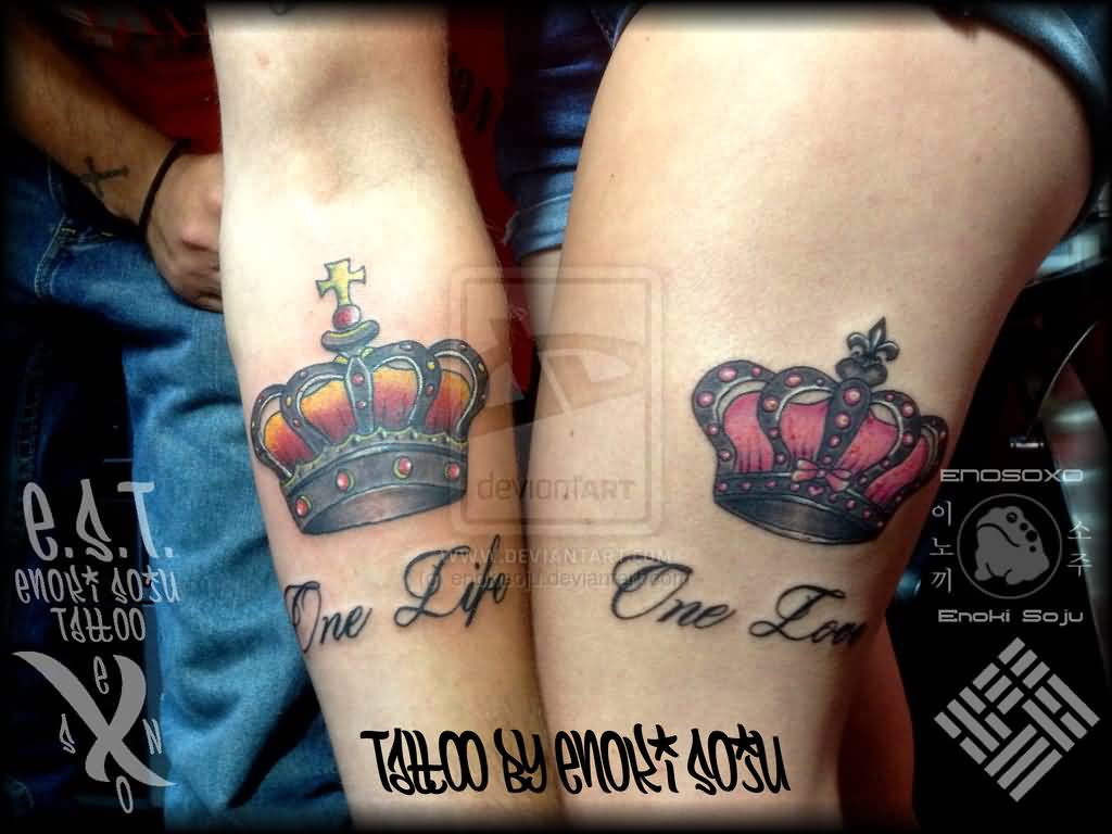 Colorful Crowns Matching Tattoos On Forearms