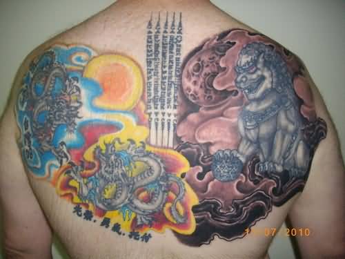 Colorful Foo Dog With Dragons Tattoo On Upper Back