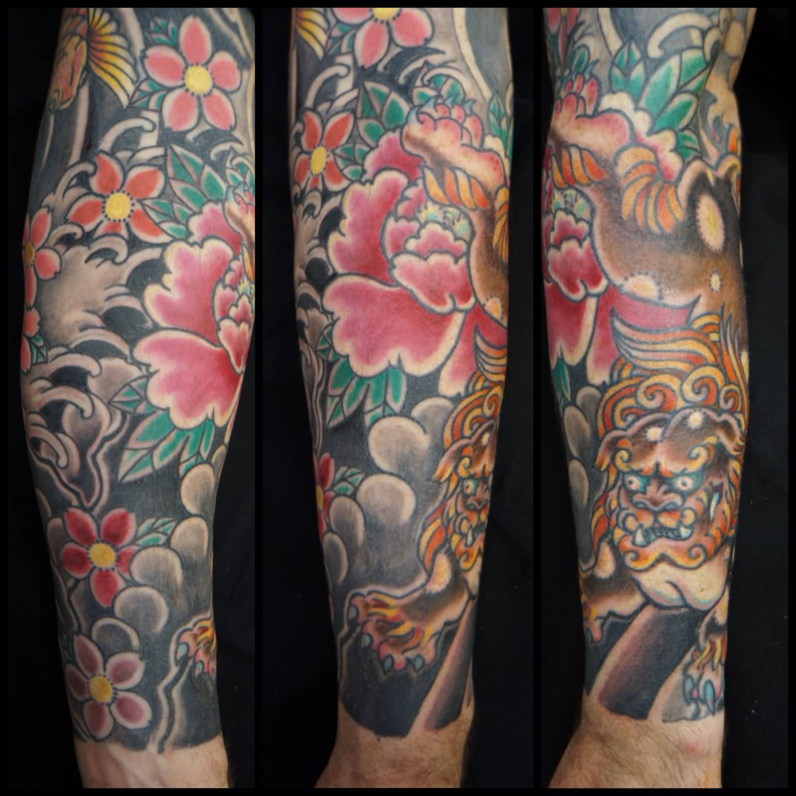Colorful Foo Dog With Flower And Leave Tattoo On Sleeve