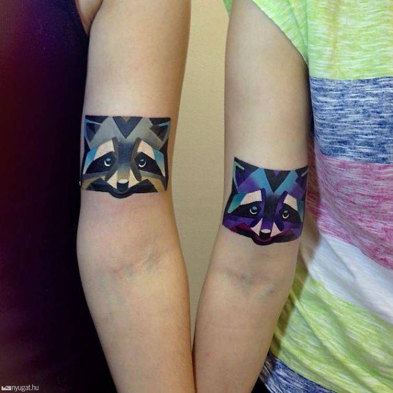 Colorful Fox Faces Matching Tattoos On Half Sleeves