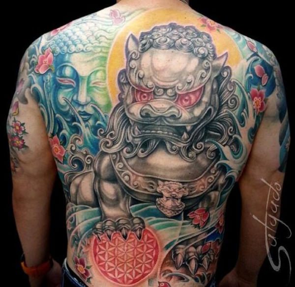 Colorful Fu Dog With Flowers And Budha Face Tattoo On Full Back