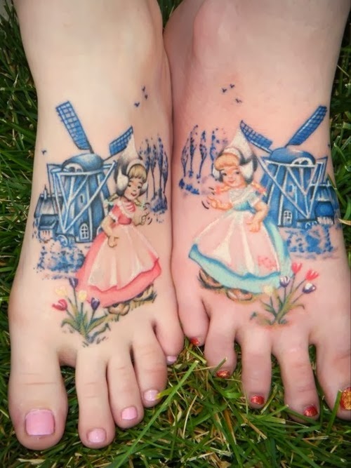 Colorful Girl With Windmill And Flowers Matching Tattoos On Foots