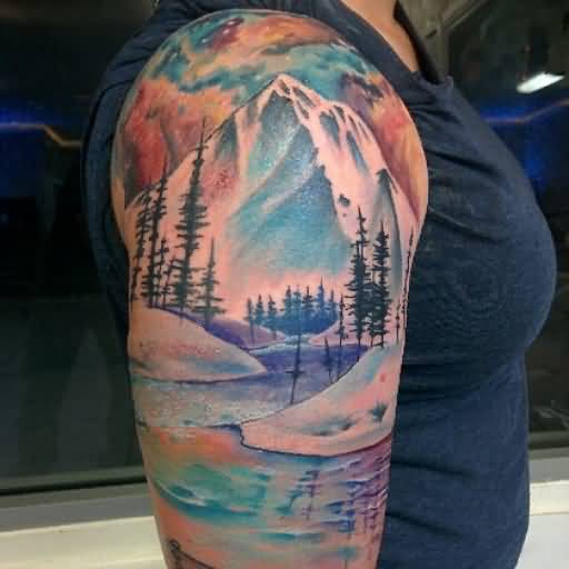 Colorful Icy Mountains Scene Tattoo On Right Shoulder