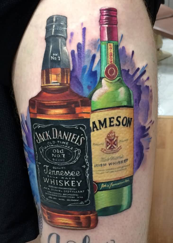 Colorful Jack Daniels And Jameson Bottle Tattoo On Left Half Sleeve