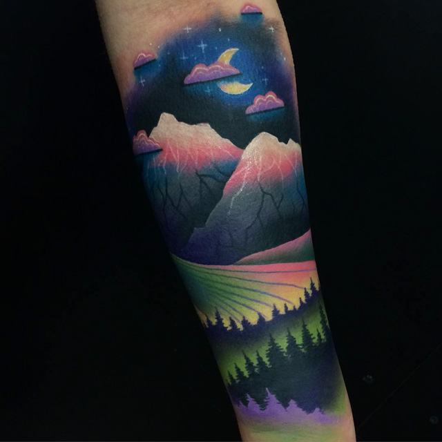 Colorful Mountains Landscape Night Scene Tattoo On Forearm