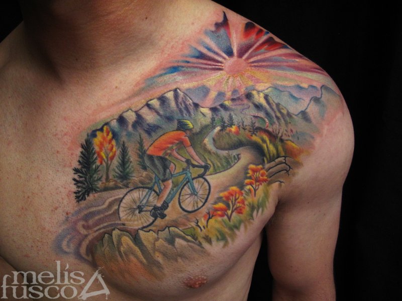 Colorful Mountains Landscape With Cyclist Tattoo On Chest