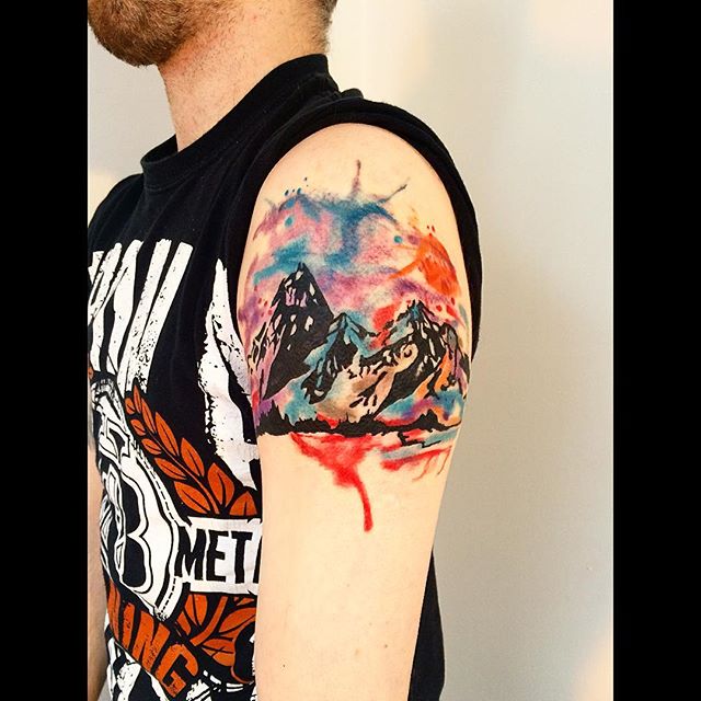 Colorful Mountains Left Shoulder Tattoo For Men