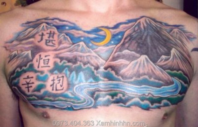 Colorful Mountains Scene With Half Moon And Symbol Tattoo On Chest
