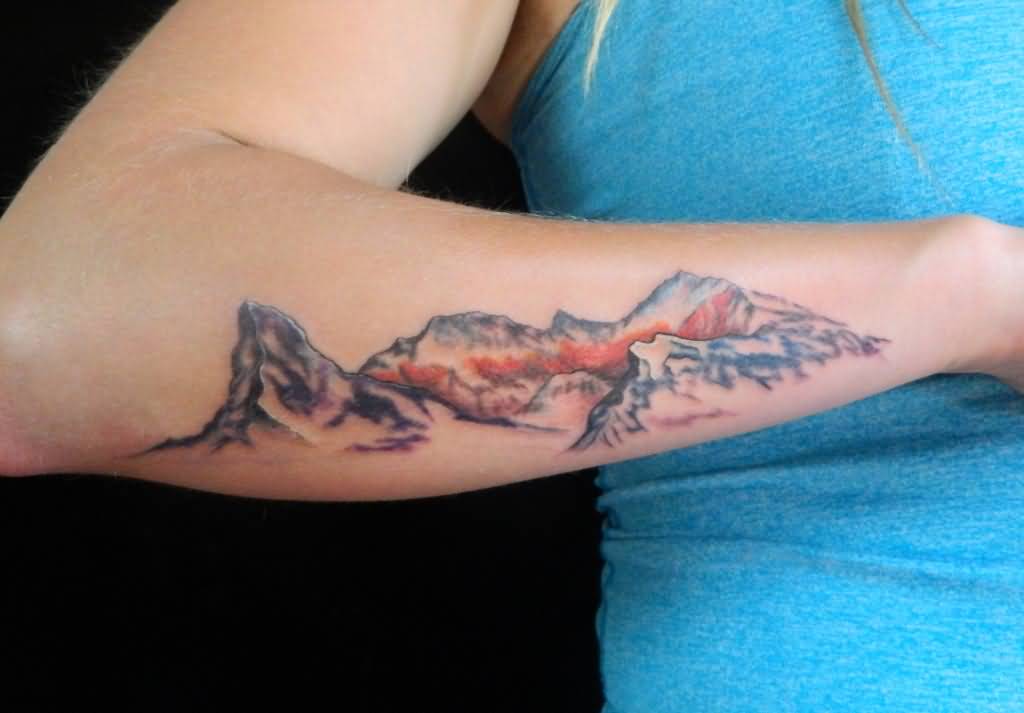 Colorful Mountains Tattoo On Arm Sleeve