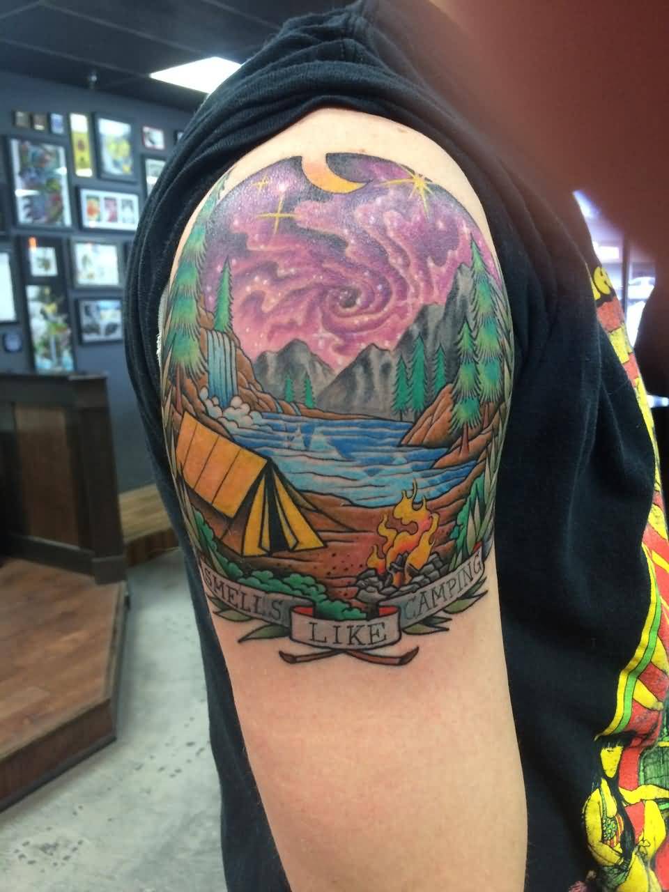 Colorful Mountains With Camping And Trees Tattoo On Right Shoulder