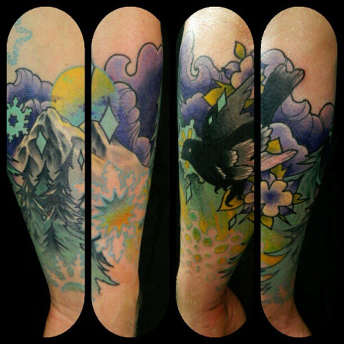 Colorful Mountains With Flying Bird And Clouds Tattoo On Arm Sleeve