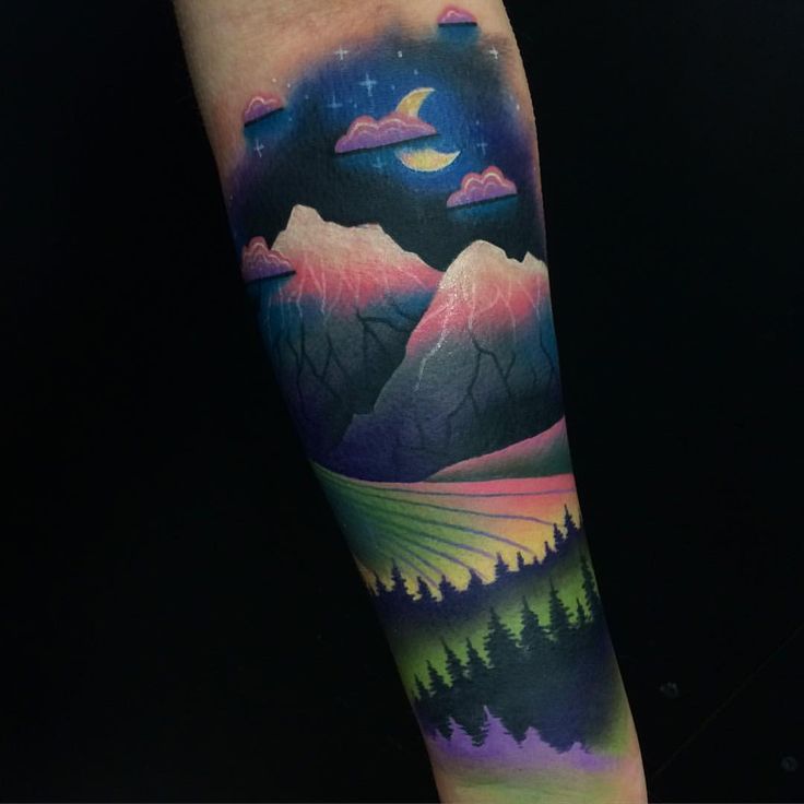 Colorful Mountains With Half Moon And Trees Tattoo On Forearm