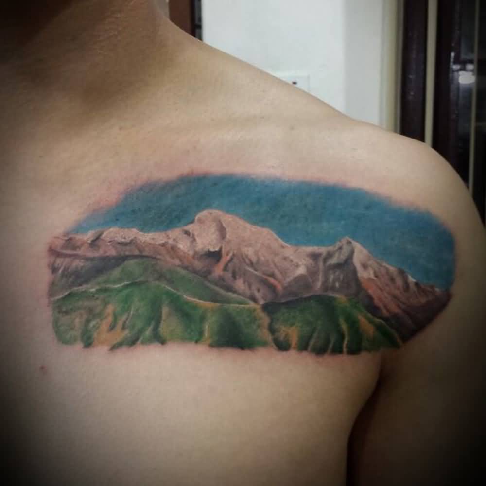 Colorful Mountains With Sky Tattoo On Chest