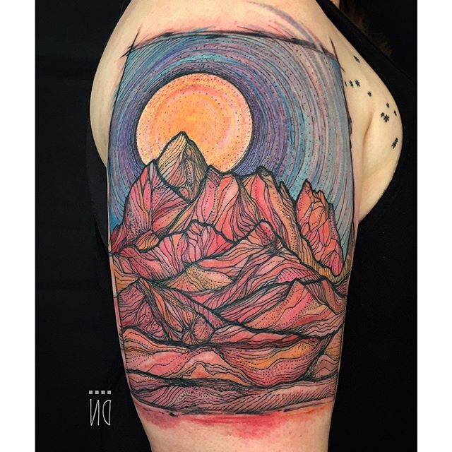 Colorful Mountains With Sun Tattoo On Half Sleeve By Dino Nemec