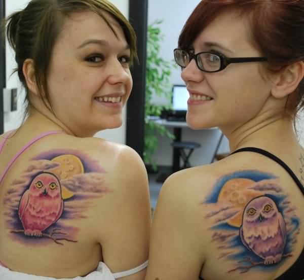 Colorful Owls And Moon Matching Tattoos On Shoulder