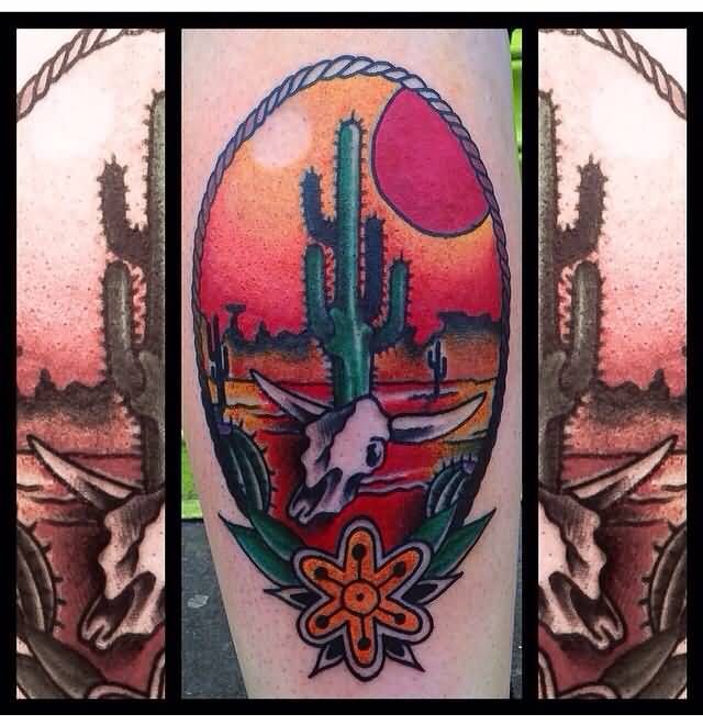 Colorful Saguaro Cactus Plant With Cow Skull And Desert In Circle Traditional Tattoo