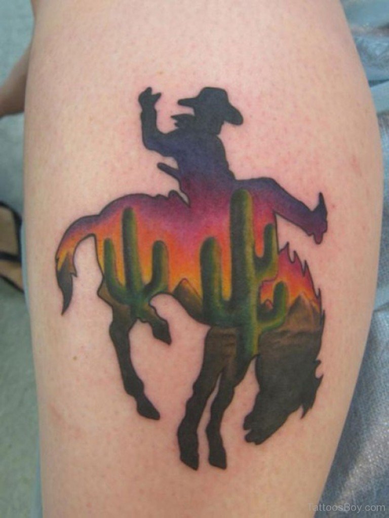 Colorful Saguaro Cactus Plants In Mexican Cowboy Shadow Shape Tattoo