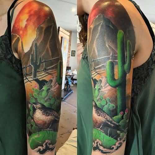 Colorful Saguaro Cactus With Mountains Tattoo On Sleeve