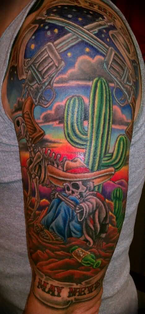 Colorful Saguaro Cactus With Skeleton And Desert Tattoo On Half Sleeve