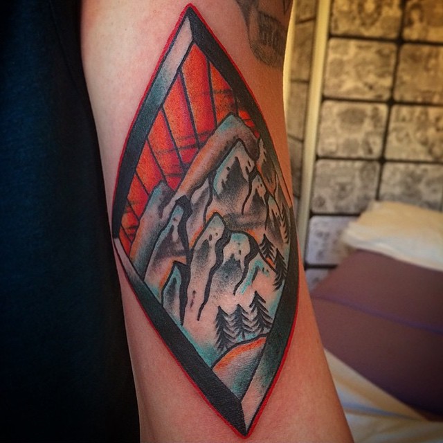 Colorful White Mountains With Trees Tattoo