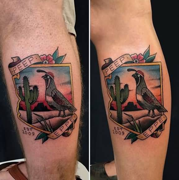 Cool Bird With Saguaro Cactus And Desert Tattoo On Leg