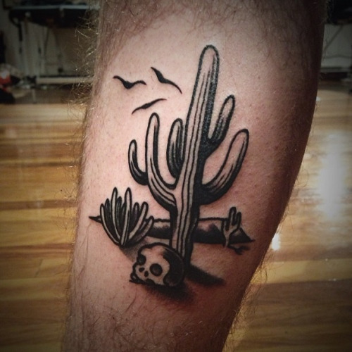 Cool Cactus With Skull And Birds Tattoo