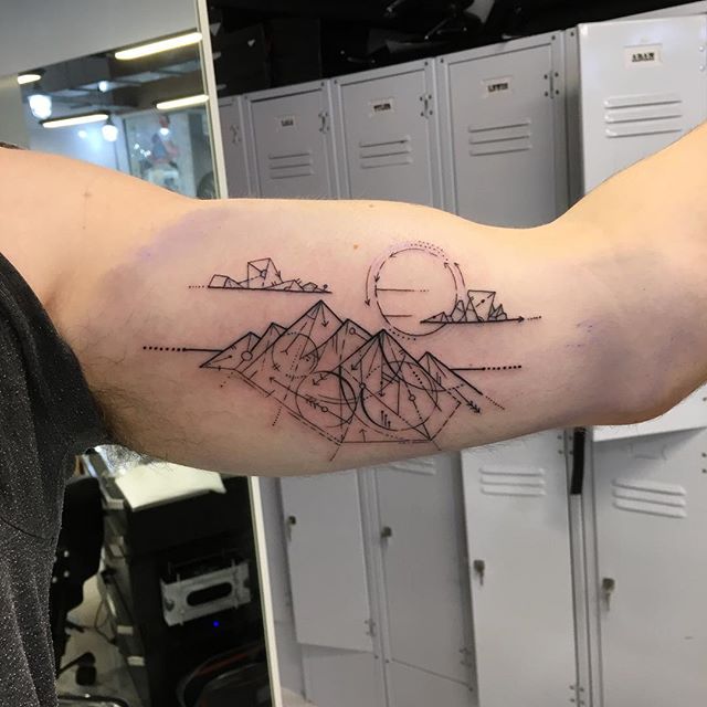 Cool Geometric Mountains Tattoo On Bicep