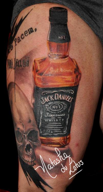 Cool Jack Daniel Bottle With Skull Tattoo On Thigh