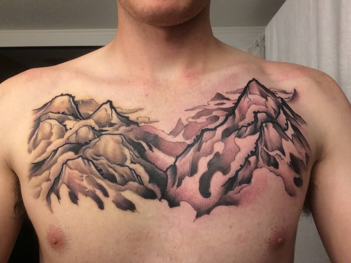 Cool Mountains With Clouds Tattoo On Chest