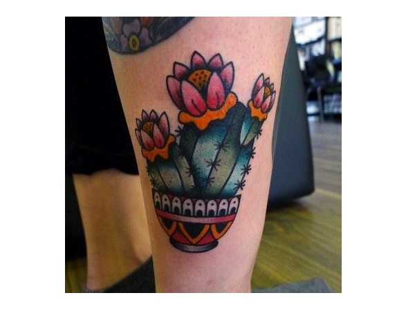 Cool Traditional Cactus In Pot Tattoo On Leg