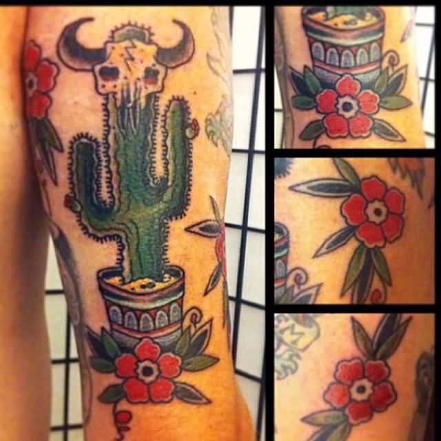 Cow Skull Head Cactus In Pot Traditional Tattoo On Bicep
