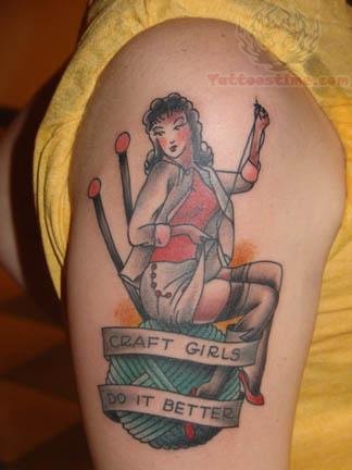 Craft Girl Do It Better Banner And Girl Sitting On Yarn Tattoo On Shoulder